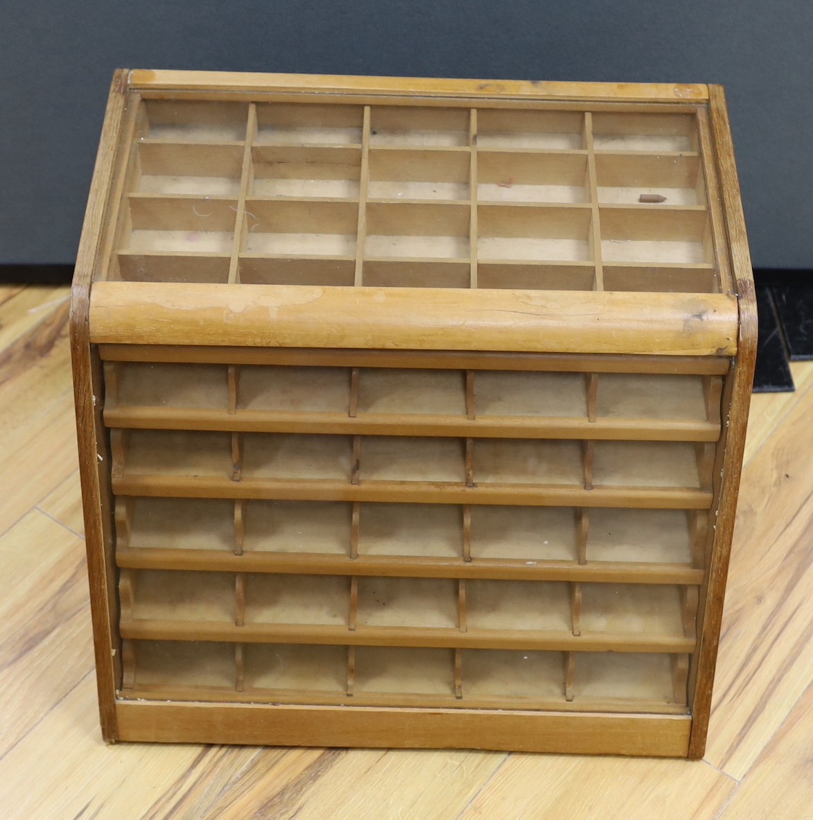 A tailors wooden five drawer counter top display cabinet, 36.5cm high, 48cm wide, 39cm deep